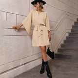 Women Dress round Neck Elastic Waistband Short Skirt Long Sleeve Dress