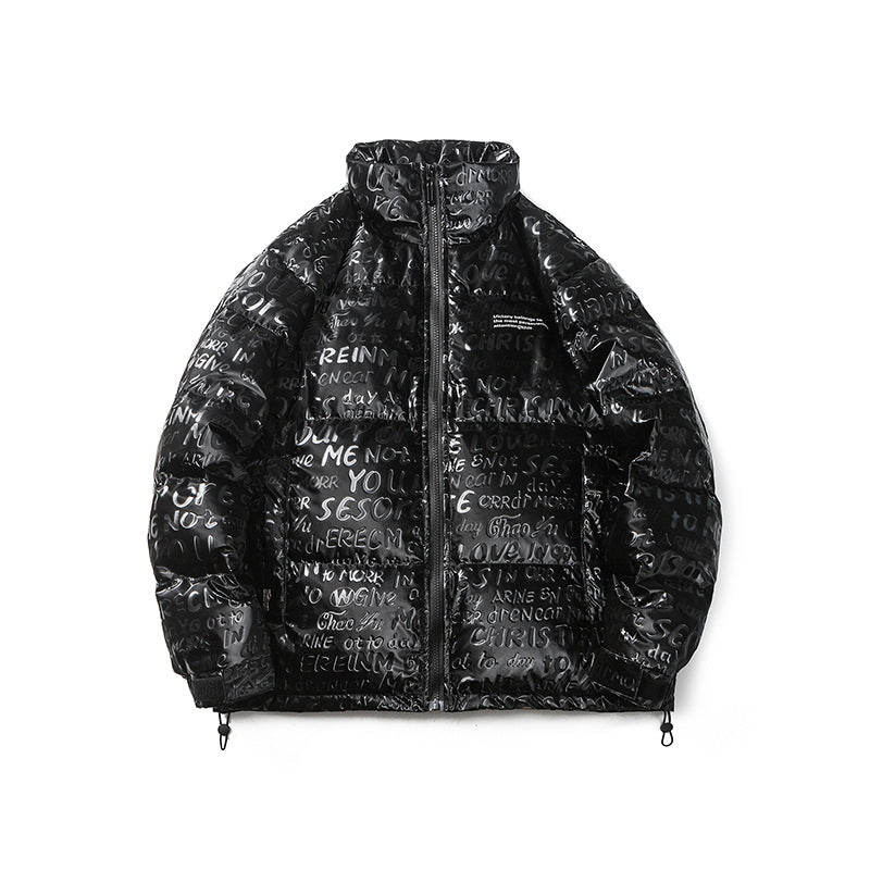Unisex Winter Cotton Coat Dazzling Letter Stand-up Collar down Jacket