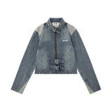 Women Jacket Denim Jacket Autumn Leisure Stand Collar Washed Zipper Cardigan Jacket