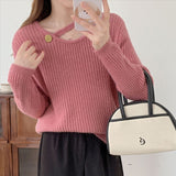 Women Knitted Pullover Autumn Hollow out off-Shoulder Knitwear Top