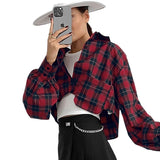 Women Trench Coat Short Plaid Long Sleeve Shirt Winter