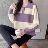 Women Knitwear Autumn Winter Retro Striped Polo Collar Knitwear Loose Casual Sweater