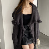 Women Cardigan Sweater Lapel Tassel Thick Coat Autumn and Winter Loose-Fitting Long Sleeve Sweater W2360