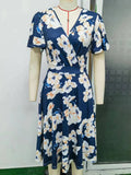 Women Evening Gown Sexy Casual V-neck Swing Printed Dress