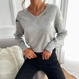 Women Knitted Sweater Fall Gray V-neck Loose Pullover Five-Pointed Star Sweater