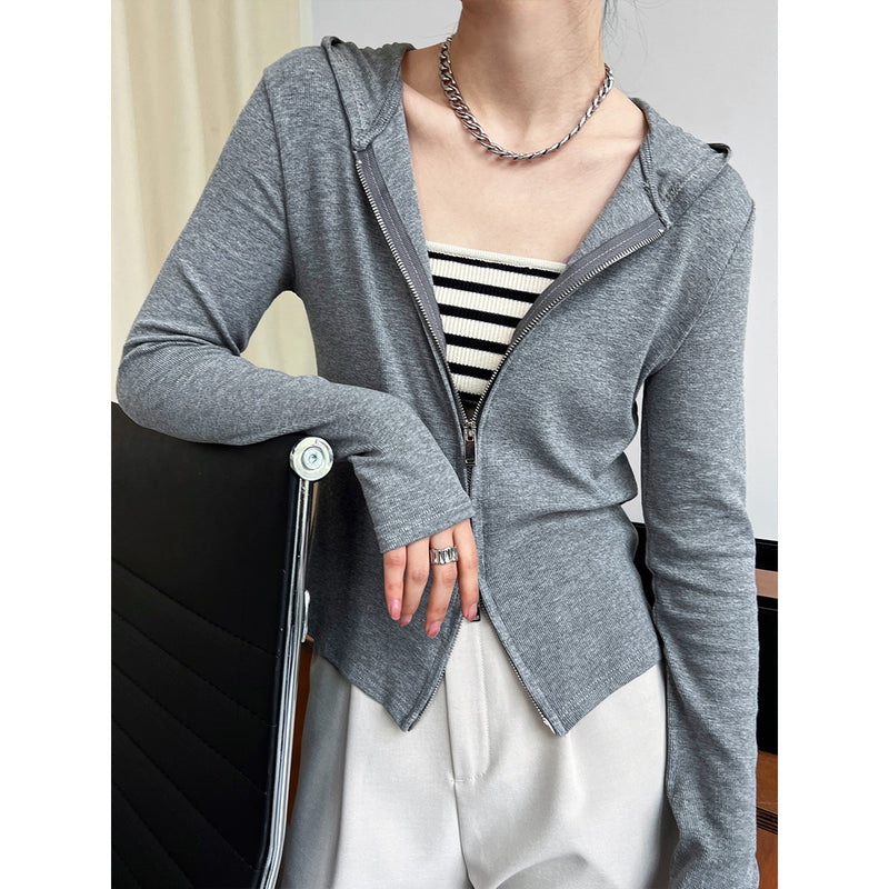 Women T Shirt Slim Double Zipper Sweater Cardigan Hooded Sports Top