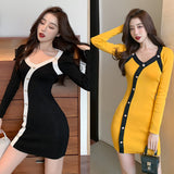 Women Maxi Dress Autumn Winter Retro Single-Breasted Long Sleeve Hip Knitwear Dress