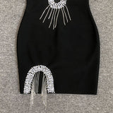 Women Evening Dress Sexy Sling Tassel V-neck Hollow Party Bandage Dress