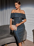 Women Evening Gown Sexy Retro Backless Green Sequins Dress