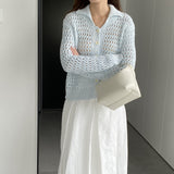 Women Cardigan Sweater Hollow out Sweater Cardigan Polo Collar Top Coat X3009