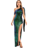 Women's Evening Gown Sexy Backless One-Shoulder Ribbon Sequins Dress Evening Dress