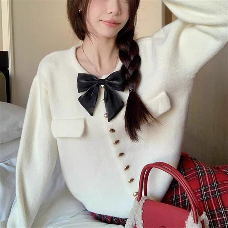 Women Knitted Cardigan Bowknot Decoration Knitwear Winter Loose round Neck Single-Breasted Cardigan