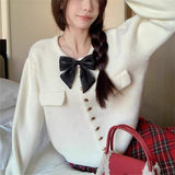 Women Knitted Cardigan Bowknot Decoration Knitwear Winter Loose round Neck Single-Breasted Cardigan