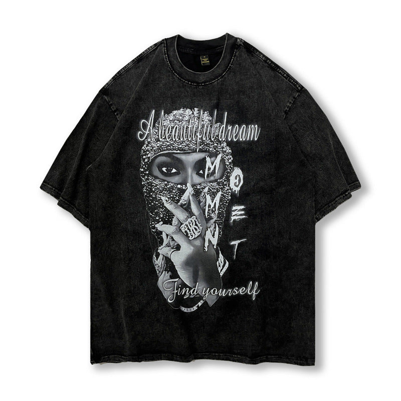Men T Shirt Retro Hip Hop Character Printed Short Sleeve T-shirt