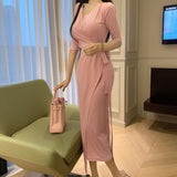 Women Dresses V-neck Lace-up Bowknot Half Sleeve Dress