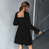 Women Dress Puff Sleeve Square Collar Long Sleeve Dress