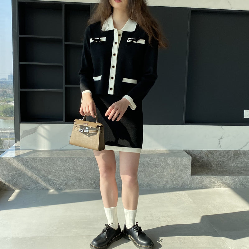 Women Knitted Two-Piece Set Spring Retro Black Short Skirt Two-Piece Set
