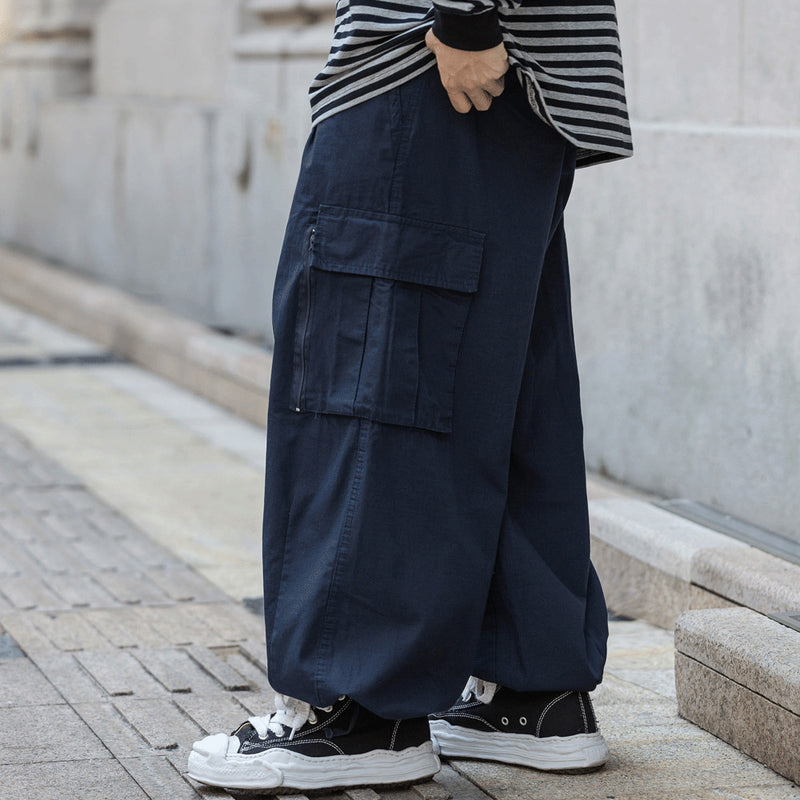 Men Sweatpants Multi-Pocket Cargo Pants Vintage Loose Wide Leg Pants Casual Drawstring Jogger Pants