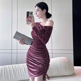 Women Maxi Dress Autumn Winter Sexy Shoulder Velvet Sheath Dress
