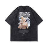 Men T Shirt Hip Hop Rapper Printed Worn Looking Washed-out Short Sleeve T-shirt