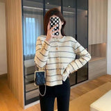 Women Knitted Cardigan round Neck Striped Knitted Cardigan Sweater Coat