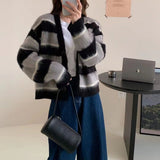 Women Knitwear Autumn and Winter Striped V-neck Napping Sweater Loose Knitted Cardigan