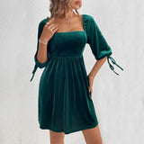 Women Dress Velvet Square Collar Back Hollow-out Skirt