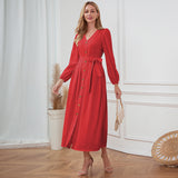 Women Date Dress Single-Breasted Cardigan Skirt V-neck Bubble Long Sleeve Dress