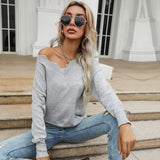 Women Knitted Sweater Autumn Loose Gray Long Sleeves Lace Sweater
