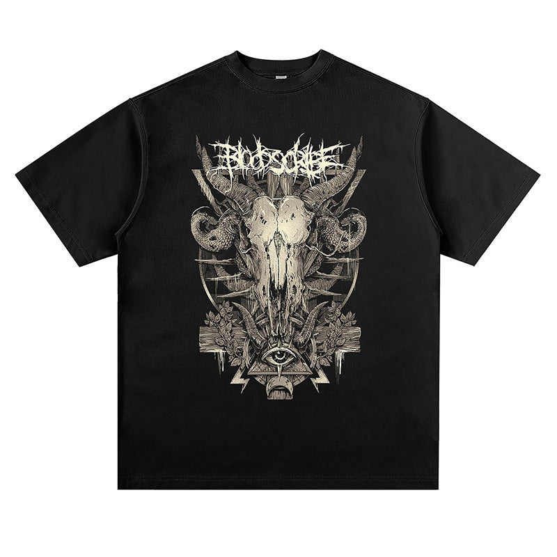 Men Vintage Rock Band T-Shirt Collarless Casual Loose Cartoon Short Sleeve