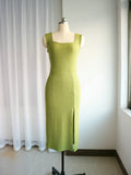 Robe Bridgerton Square Collar Knitted Sheath Slim Fit Slit Dress