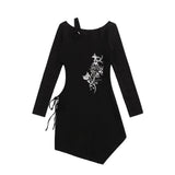 Women Dresses off-the-Shoulder Dress Hollow-out Midriff Long Sleeve Short Dress