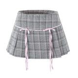 Women Skirt Summer Bow Plaid Pleated Skirt