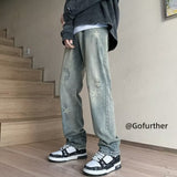 Men Jeans XINGX Printed Jeans Washed Straight Broken Holes Pants