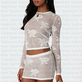 Women T-shirt Hollow-out Long Sleeve Top Suit Sexy Slim Suit Voile Pattern Suit