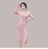Women Maxi Dress Autumn and Winter Bubble Sleeve Mid-Length Hip Skirt Knitted Dress