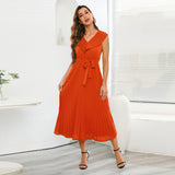 Women Date Dress Chiffon Pleated Dress Slim Fit Elegant Solid Color V-neck Dress