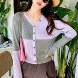 Women Knitwear Autumn Checkerboard Sweater Loose Knitted Cardigan
