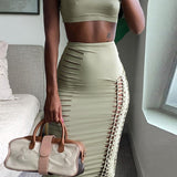 Women Dresses Summer Hollow out Cropped Tank Top Slim Skirt Suit