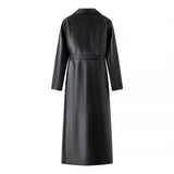 Women Coats Spring Faux Leather PU Black Long Trench Coat