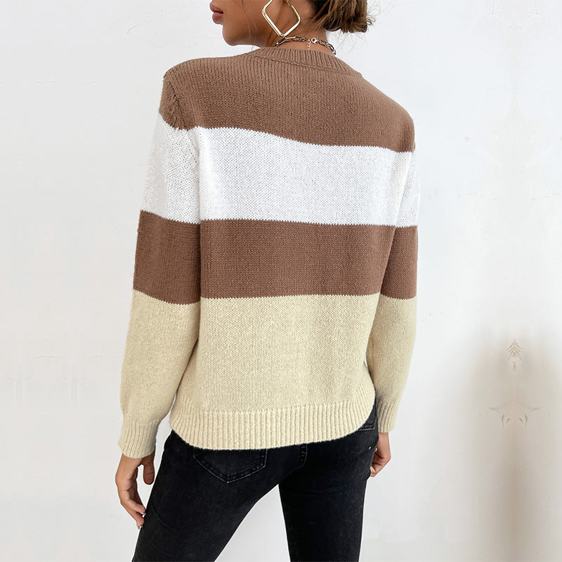 Women Knitted Sweater Autumn Leisure Color Block Long Sleeve Crew Neck Sweater
