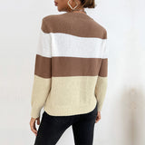 Women Knitted Sweater Autumn Leisure Color Block Long Sleeve Crew Neck Sweater