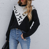 Women Knitted Sweater Autumn and Winter Leisure Leopard Print Contrast Color Long Sleeve Sweater