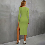 Women Dress Spring and Summer Sexy Hollow-out Split Lace-up Knitted Sheath Long Sleeve Dress