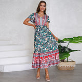 Women Date Dress Summer V-neck Ruffle Vintage Floral Beach Dress