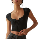 Women T-shirt Summer Square Collar Bare Midriff Slim Fit T-shirt Top