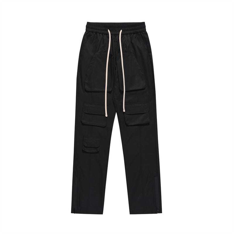 Men Sweatpants Multi-Pocket Slacks Pure Color Elastic Waist Straight-Leg Pants Baggy Pants Zipper Pants