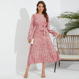 Women Date Dress Autumn and Winter Leisure Floral V-neck Long-Sleeve Dress