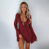 Women Dresses Sexy Long Sleeve Short Dress Fall Hollow Dress