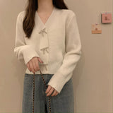 Women Knitwear Spring and Autumn V-neck Bowknot Knitted Sweater